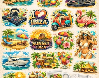 Pacote de imagens PNG de Ibiza | 20 adesivos de praia de verão | Design para sublimação - Download instantâneo