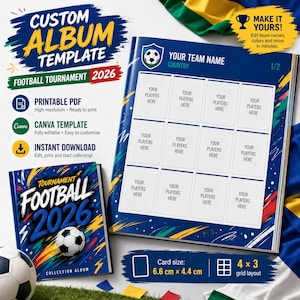 Può includere: Un modello di album personalizzato per il Torneo di Calcio 2026. Il modello è un PDF stampabile e un modello Canva. L'album ha una copertina blu con un pallone da calcio e il testo "Tournament Football 2026". La dimensione della carta è di 6,6 cm x 4,4 cm.
