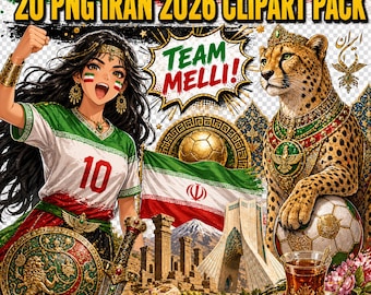 Iran World Cup 2026 Clipart Pack | 20 PNG Soccer Designs, Lion Football (Digital Download)