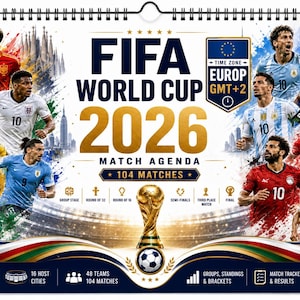 May include: A FIFA World Cup 2026 calendar with a match agenda. The calendar features images of soccer players from various national teams, the World Cup trophy, and the text "FIFA World Cup 2026".
