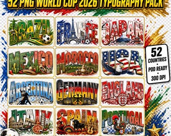 Pacote de PNGs com tipografia da Copa do Mundo de Futebol de 2026, 52 designs de países (download instantâneo)