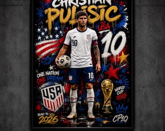 Pôster do Christian Pulisic, Arte de Parede da Seleção Americana de Futebol, Presente para Fã de Futebol, Pôster da Copa do Mundo de 2026, Decoração para Quarto Esportivo, Download Digital