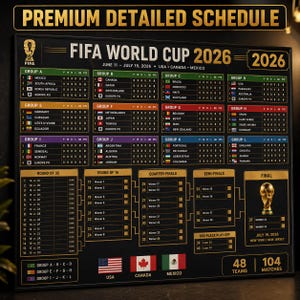 Puede incluir: Póster detallado del calendario de la Copa Mundial de la FIFA 2026. Presenta los grupos de equipos de la A a la L, los detalles de los partidos y los cuadros de cuartos de final, semifinales y final. Incluye banderas de EE. UU., Canadá y México.