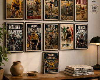 Conjunto de 11 pôsteres de lendas do ciclismo | Arte de parede vintage sobre ciclismo | Lendas do Tour de France | Decoração de ciclismo para imprimir | 40 x 60 cm | Download digital