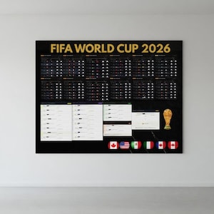 May include: A black poster with the text "FIFA WORLD CUP 2026" in gold. The poster includes schedules, flags, and a golden trophy. The flags of Canada, the USA, and Mexico are visible.