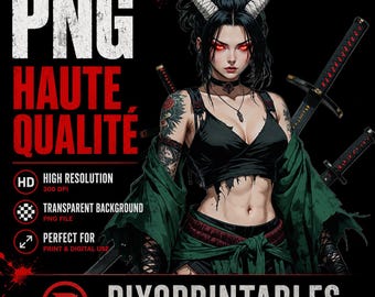 Pacote de imagens PNG de garotas de anime cyberpunk, clipart de demônios góticos de fantasia sombria e samurais (download digital)