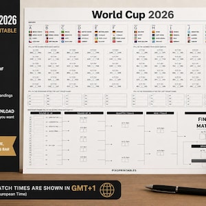 May include: A World Cup 2026 wall chart, A4 size (21 x 29.7 cm), designed for printing. It allows users to track scores and standings. The chart is an instant download and easy to fill.