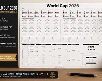 Tabela da Copa do Mundo de 2026 para Imprimir | Planejador de Chaves do Torneio de Futebol (PDF A4)