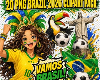 Pacote de Clipart de Futebol Brasileiro | Jaguar, Flores Tropicais, Copa do Mundo 2026 (Download Digital)
