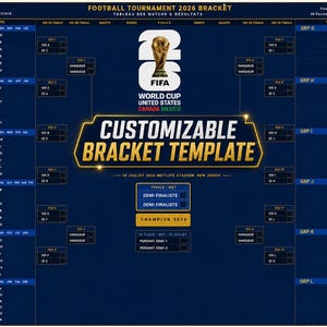 Könnte beinhalten: Ein dunkelblaues Turnierbaum-Template für die FIFA Fussball-Weltmeisterschaft 2026, mit dem Turnierlogo und dem Text "CUSTOMIZABLE BRACKET TEMPLATE". Der Turnierbaum enthält Felder für Teams und Spielergebnisse.