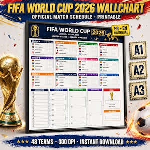 Puede incluir: Un cuadro mural de la Copa Mundial de la FIFA 2026 con el calendario oficial de partidos. El cuadro incluye el cuadro de torneos, los grupos de equipos y el trofeo de la Copa Mundial de la FIFA. El texto en el cuadro dice "FIFA World Cup 2026" y "Estados Unidos, Canadá, México".