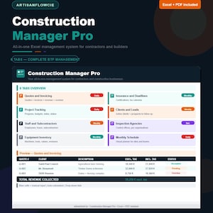 Peut inclure: Graphique numérique pour Construction Manager Pro, un système de gestion Excel pour les entrepreneurs et les constructeurs. Le design présente un fond bleu foncé avec du texte blanc et sarcelle, incluant un aperçu des devis et de la facturation.