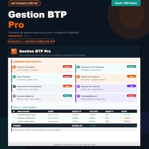 Peut inclure: Interface numérique pour les professionnels de la construction, avec le texte "Gestion BTP Pro". L'interface affiche des outils de gestion de projet, incluant factures, suivi client et analyse budgétaire. Conçu pour artisans et entrepreneurs du bâtiment.