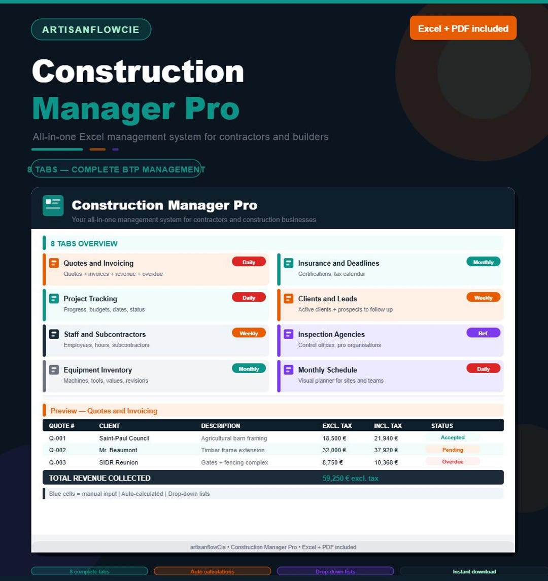 Construction Site Management Excel Spreadsheet / Tradesperson Quote and ...