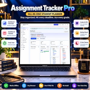 Puede incluir: Un ordenador portátil que muestra la interfaz del software Assignment Tracker Pro, con un panel de control que incluye listas de tareas, seguimiento de estudio y fechas límite. La pantalla presenta menús de navegación, detalles de cursos y métricas de progreso. Iconos laterales destacan funciones como un temporizador, un tablero Kanban y una calculadora de notas.