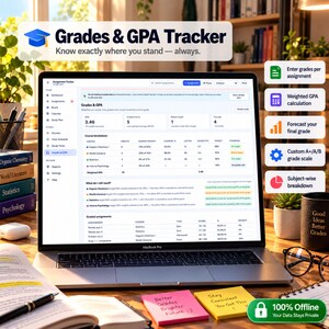 May include: A laptop screen displaying a Grades & GPA Tracker software interface with course breakdowns, weighted GPA calculations, and assignment lists. The screen shows data for subjects like Organic Chemistry, World Literature, and Statistics.