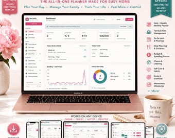 May include: A digital Mom Planner displayed on a laptop and mobile devices. The interface features a dashboard with schedules, meal tracking, budget, and chores. Text includes Mom Planner Digital, 38+ sections, and Works on any device. A mug with text You've got this, mama sits nearby.