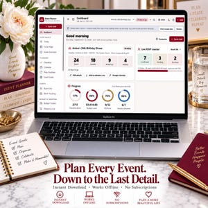 Op de afbeelding: Een zilveren laptop toont een dashboard voor evenementenplanning met een aftelling voor Amina's 30e verjaardag, RSVP-statistieken en budgetvoortgang. Het scherm bevat tekst zoals Event Planner en Dashboard, met een notitieboek ernaast.