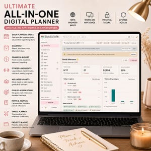 Op de afbeelding: Een laptop met een digitale alles-in-één planner-interface met secties voor dagelijkse taken, agenda, financiën, fitness, welzijn, doelen, notities en reizen. Het scherm toont een dashboard met de datum 3 september 2026.