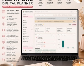 May include: A laptop displaying an Ultimate All-in-One Digital Planner interface with sections for daily tasks, calendar, finance, fitness, wellness, goals, notes, and travel. The screen shows a dashboard with a date of September 3, 2026.