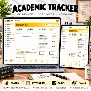 Può includere: Un tracker accademico digitale visualizzato su uno schermo di laptop e tablet, con una dashboard gialla e bianca che mostra metriche di studio, scadenze e programmi d'esame. Un taccuino con il testo Small Steps Big Results e una penna sono presenti.