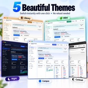 May include: A digital assignment tracker interface displaying five distinct colour themes: Library, Mint, Night, Campus, and Contrast. The dashboard features sections for assignments, study plans, and course schedules with text labels and navigation menus.
