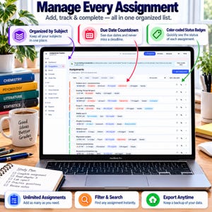 May include: A laptop screen displaying an assignment tracker interface with lists of academic tasks, due dates, and status badges. The screen shows columns for courses, assignment types, and progress. A white mug with text sits next to a notebook.