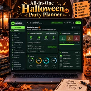 May include: A laptop screen displaying the All-in-One Halloween Party Planner dashboard with a countdown to Halloween, live RSVP counter, and progress charts. The interface includes sections for budget, guests, and tasks, with text reading Witching Hour Party Planner.