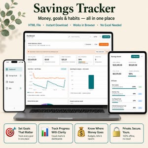 May include: A digital savings tracker dashboard displayed on a laptop, tablet, and smartphone. The interface shows financial data, including total balance, spending, and goal progress. Text includes Savings Tracker, Money, goals & habits.