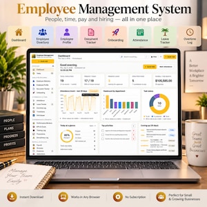 Könnte beinhalten: Ein Laptop-Bildschirm zeigt ein Dashboard für ein Mitarbeitermanagementsystem mit Datendiagrammen, Anwesenheitstrends und Aufgabenstatus. Die Benutzeroberfläche enthält Navigationssymbole für Dashboard, Verzeichnis, Profil, Tracker, Onboarding und Anwesenheit.
