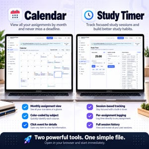 May include: Two laptops displaying an assignment tracker software. The left screen shows a monthly calendar view with colour-coded tasks. The right screen shows a study timer interface with session tracking, logs, and a 25:00 countdown timer.