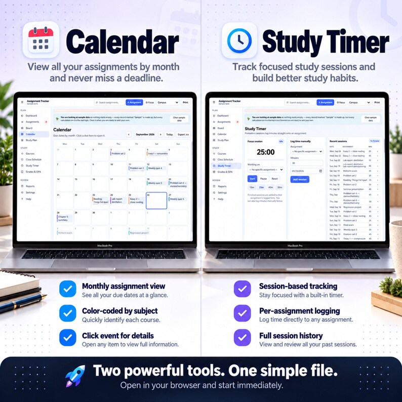 May include: Two laptops displaying an assignment tracker software. The left screen shows a monthly calendar view with colour-coded tasks. The right screen shows a study timer interface with session tracking, logs, and a 25:00 countdown timer.
