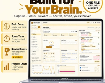 May include: A digital ADHD Focus Planner displayed on a laptop screen, featuring a dashboard with sections for brain dump, focus timer, reward points, and progress charts. The interface includes text labels like Capture, Focus, Reward, and Works Offline.