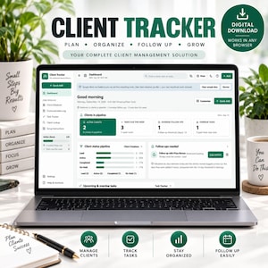 Op de afbeelding: Een laptop met een digitaal dashboard voor klantbeheer met secties voor actieve klanten, taken en follow-ups. Het scherm toont een overzichtelijke interface met groene accenten, tekstlabels en datavisualisaties voor het beheren van contacten.