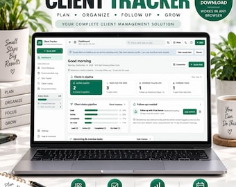 May include: A laptop displaying a digital client tracker dashboard with sections for active clients, tasks, and follow-ups. The screen shows a clean interface with green accents, text labels, and data visualisations for managing business contacts and workflows.