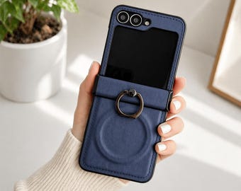 Leather MagSafe Ring Holder Case for Samsung Galaxy Z Flip 7/6/5/4/3 & 7 FE – Magnetic Stand, Shockproof Protective Cover
