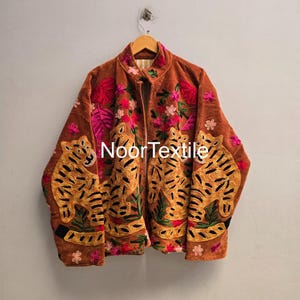 Hand Embroidered Velvet Tiger Jacket, Floral Embroidered Boho Coat, Artisan Statement Jacket, Women’s Velvet Outerwear, Unique Gift for Her