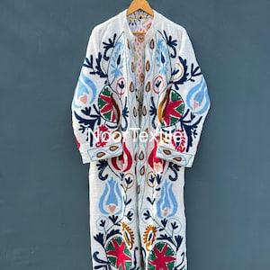 Handmade White Cotton Embroidered Kimono Robe | Floral Boho Long Jacket | Suzani Style Duster Cardigan | Unique Gift for Women