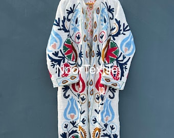 Handmade White Cotton Embroidered Kimono Robe | Floral Boho Long Jacket | Suzani Style Duster Cardigan | Unique Gift for Women