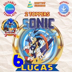 Peut inclure: Un design numérique mettant en vedette Sonic le Hérisson, avec le texte "2 Toppers" et "Sonic". Le design comprend une palette de couleurs bleue et dorée, avec le chiffre "6" et le nom "Lucas". Le design comprend également le texte "Modèle Canva modifiable" et "Téléchargement instantané".