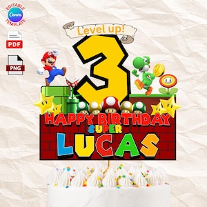 May include: A colorful cake topper featuring a Super Mario theme. The design includes the number 3 in yellow, Mario, Yoshi, and other game elements. The text reads "Happy Birthday Super Lucas" and "Level up!"