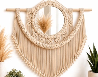 Large Macrame Wall Mirror | Boho Cotton Rope Fringe Hanging | Farmhouse Bedroom Decor