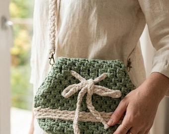 Handmade Green Crochet Crossbody Bag, Boho Cotton Rope Purse, Summer Drawstring Bag