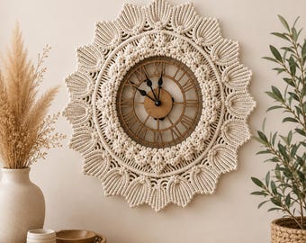 Handmade Macrame Wall Clock | Boho Wall Art | Large Neutral Living Room Decor | Housewarming Gift