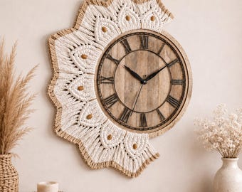 Boho Macrame Wall Clock | Handmade  | Large Wooden Roman Numeral Clock | Neutral Living Room Decor