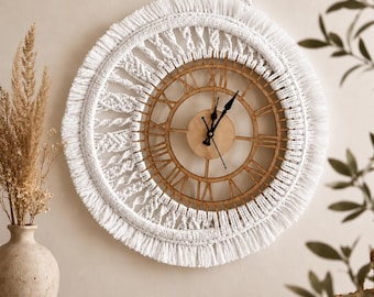 Handmade Macrame Clock, Boho Wooden Wall Decor, Rustic Fringe Hanging (14-18 Inches)