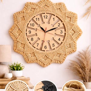 Handgjord makraméväggklocka | Boho mandala väggkonst | Neutral rustik heminredning