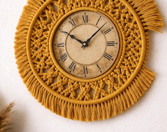Macrame  Clock | Mustard  Boho Clock | Grey  Off White Handmade Wall Decor | Large Fiber Art