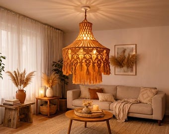 Handmade Macramé Chandelier, Boho Woven Light Shade, Rustic Ceiling Fixture