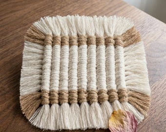Handmade Macrame Coasters, Cotton Boho Coffee Table Decor, Woven Mug Mat